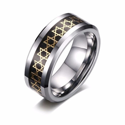 Rockyu タングステンリング メンズ 8mm 幅広 カーボンファイバー×ゴールド 六芒星デザイン
