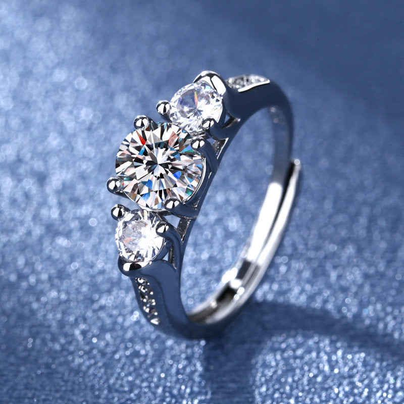 Rockyu モアサナイトD色1カラット 六爪セッティング オープンリング レディース シルバー調