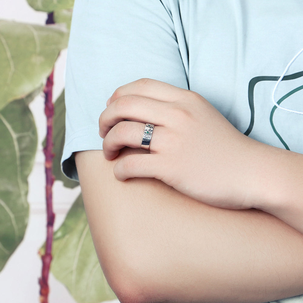 Rockyu タイガーリング メンズ レディース シルバー925 フリーサイズ グリーンストーン 金属アレルギー対応