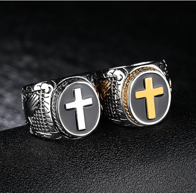 Rockyu クラウン＆クロス ステンレスリング メンズ重厚デザイン指輪 十字架モチーフ