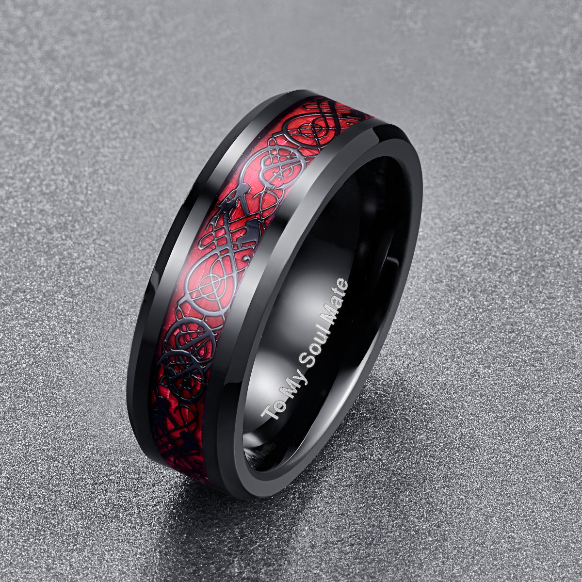 Rockyu ドラゴンモチーフ タングステンリング メンズ 8mm幅 カーボンファイバー×ブラック仕上げ