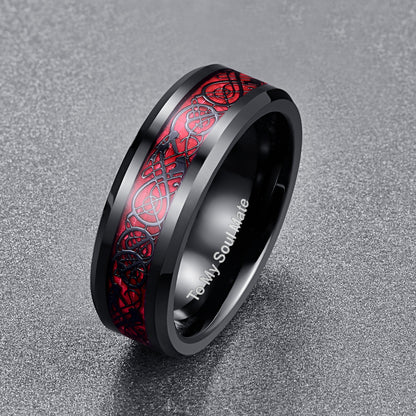Rockyu ドラゴンモチーフ タングステンリング メンズ 8mm幅 カーボンファイバー×ブラック仕上げ