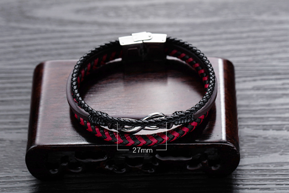 Rockyu メンズブレスレット 三連レザー 無限大 インフィニティ 高級PU編み込み