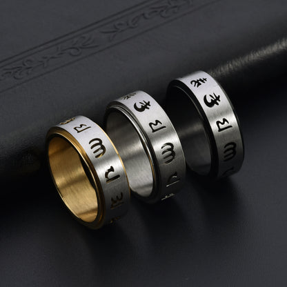 Rockyu メンズ ステンレススピナーリング 六字真言デザイン 8mm幅 3色展開