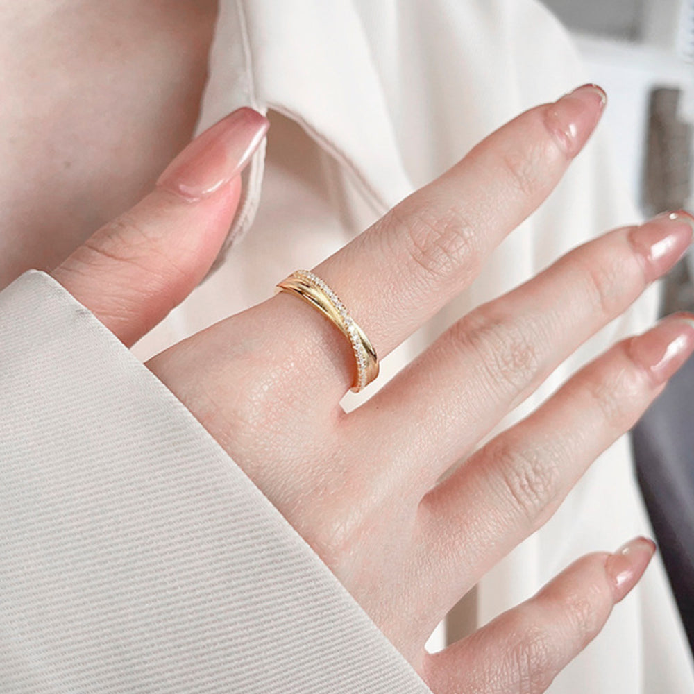 Rockyu クロスデザインリング レディース 18Kコーティング フリーサイズ ジルコニア