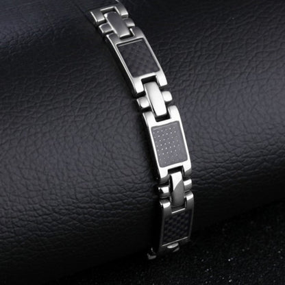 Rockyu ブレスレット メンズ ステンレス シルバー ブラック カーボン調 幅広チェーン モダンデザイン