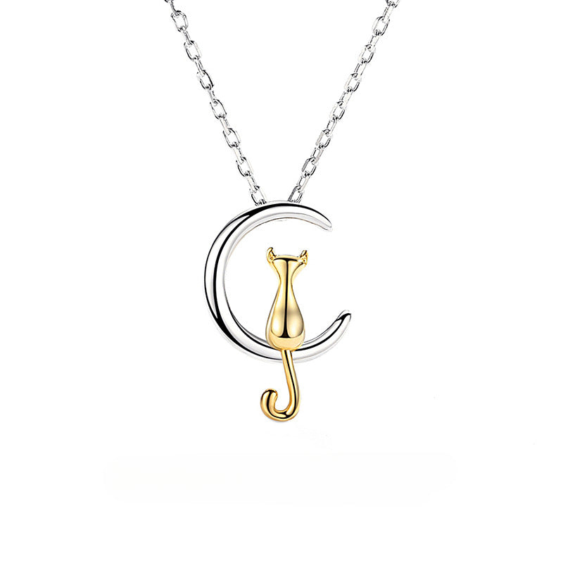 Rockyu 月と猫のネックレス レディース シルバー925 ゴールドアクセント ペンダント 40+5cm/45+5cm