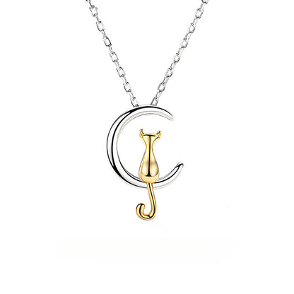 Rockyu 月と猫のネックレス レディース シルバー925 ゴールドアクセント ペンダント 40+5cm/45+5cm