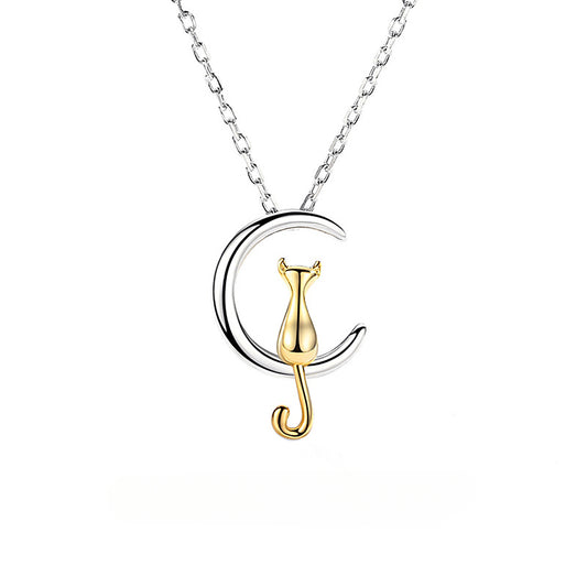 Rockyu 月と猫のネックレス レディース シルバー925 ゴールドアクセント ペンダント 40+5cm/45+5cm