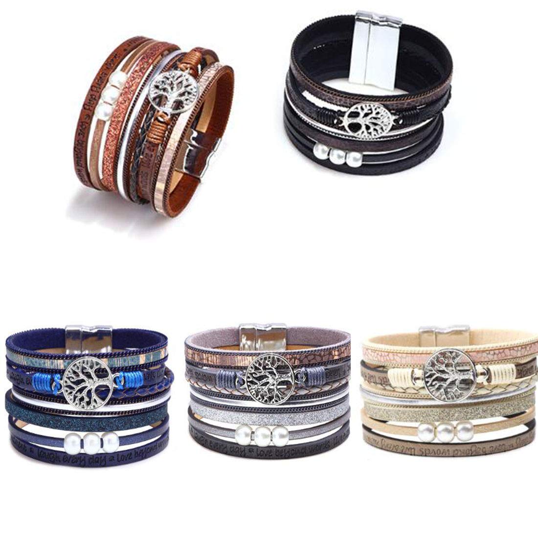 【生命の木ブレス】多重レザーブレスレット｜レディース アンティーク風 パール付き（全5色）