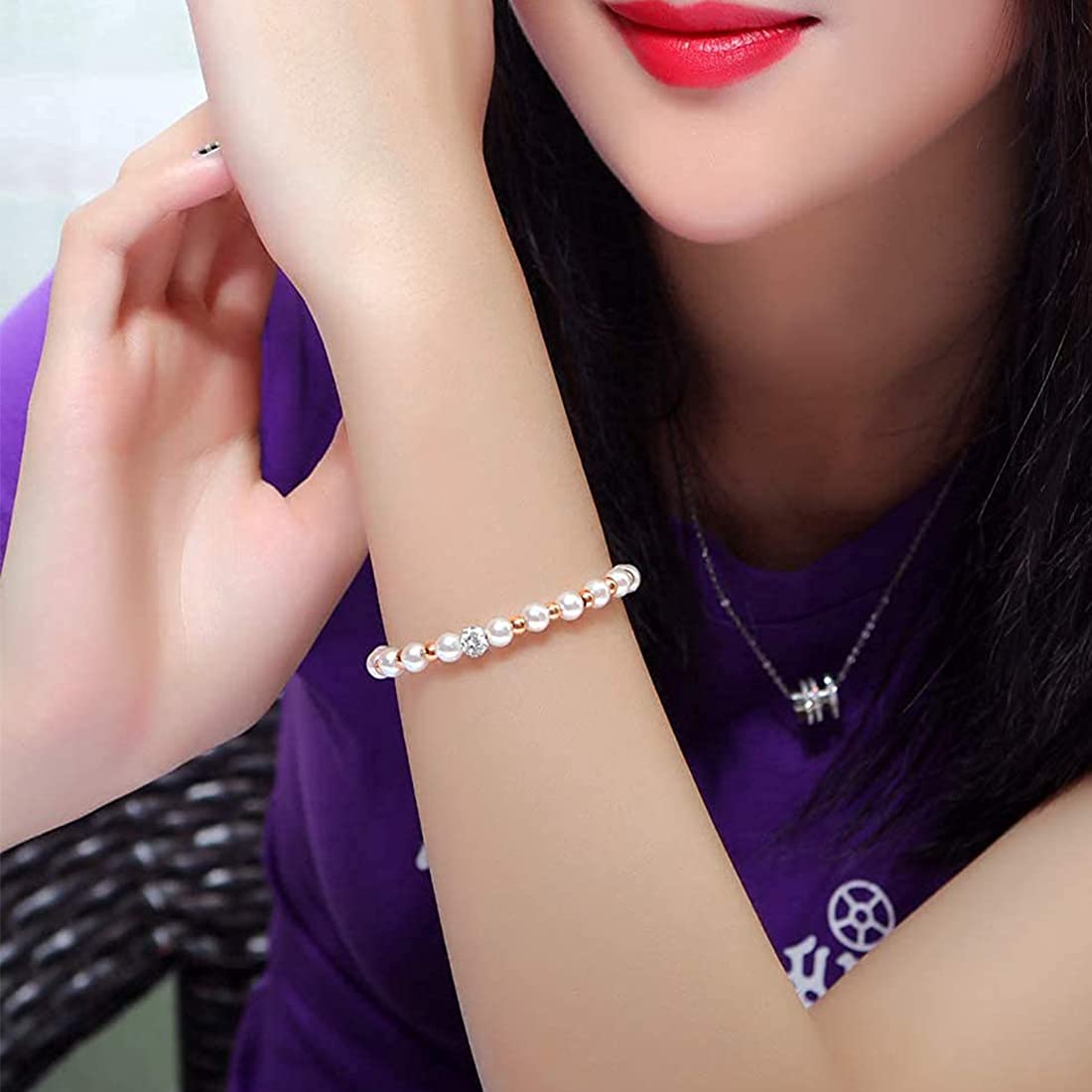 Rockyu ブレスレット レディース パール×ラインストーン 上品エレガント 2連風デザイン