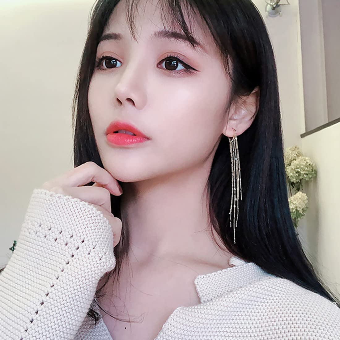 Rockyu フリンジフープピアス レディース ロング 揺れる 18金メッキ 小顔効果 アレルギー対応