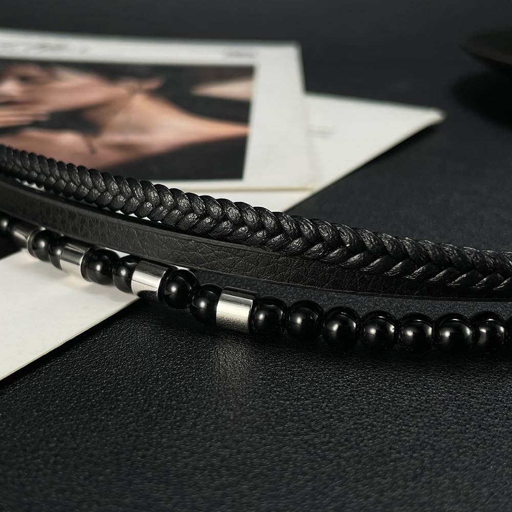 Rockyu メンズ 3連レザーブレスレット ブラック ビーズチェーン 編み込み ステンレス 金属アレルギー対応