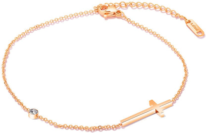 Rockyu アンクレット レディース クロス チタン 細いチェーン ジルコニア アンティーク風