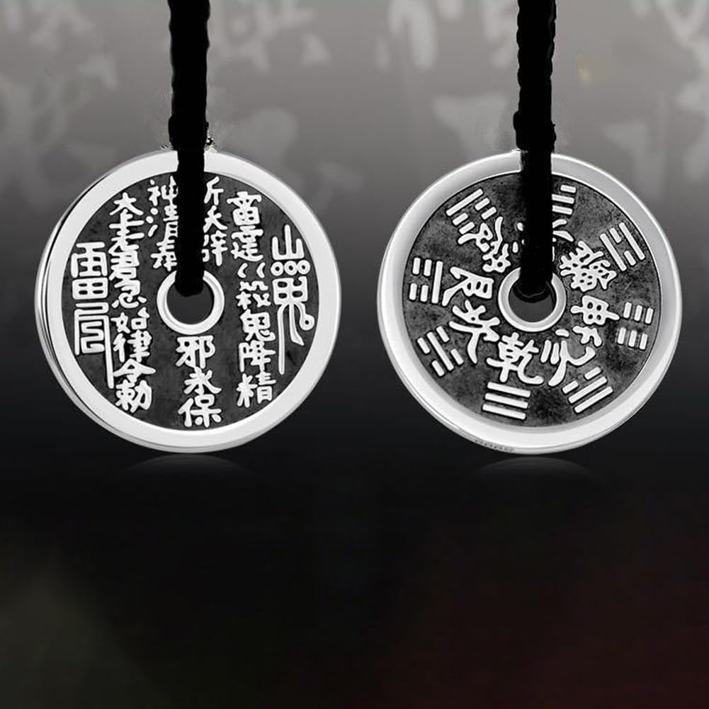 Rockyu ネックレス メンズ 円形 銅銭 コイン シルバー ステンレス 魔除け 開運 中華風 ペンダント