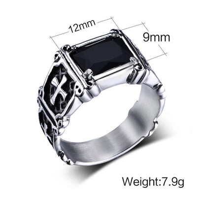 Rockyu 十字架スクエアリング メンズ アンティーク調クロス×赤黒ストーン指輪
