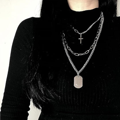 Rockyu レディース三連ネックレス クロスチャームとプレート付きチェーンペンダント