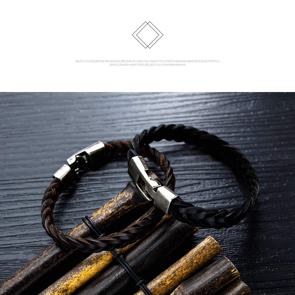 Rockyu メンズ ブレスレット PUレザー 編み込みデザイン シンプル バングル ブラック