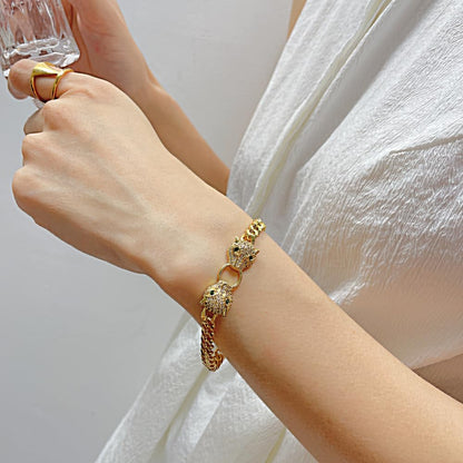 Rockyu ヒョウヘッド ゴールドブレスレット 喜平チェーン レディース