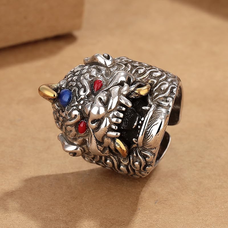 Rockyu 貔貅モチーフ シルバーリング 太めデザイン フリーサイズ メンズアクセサリー