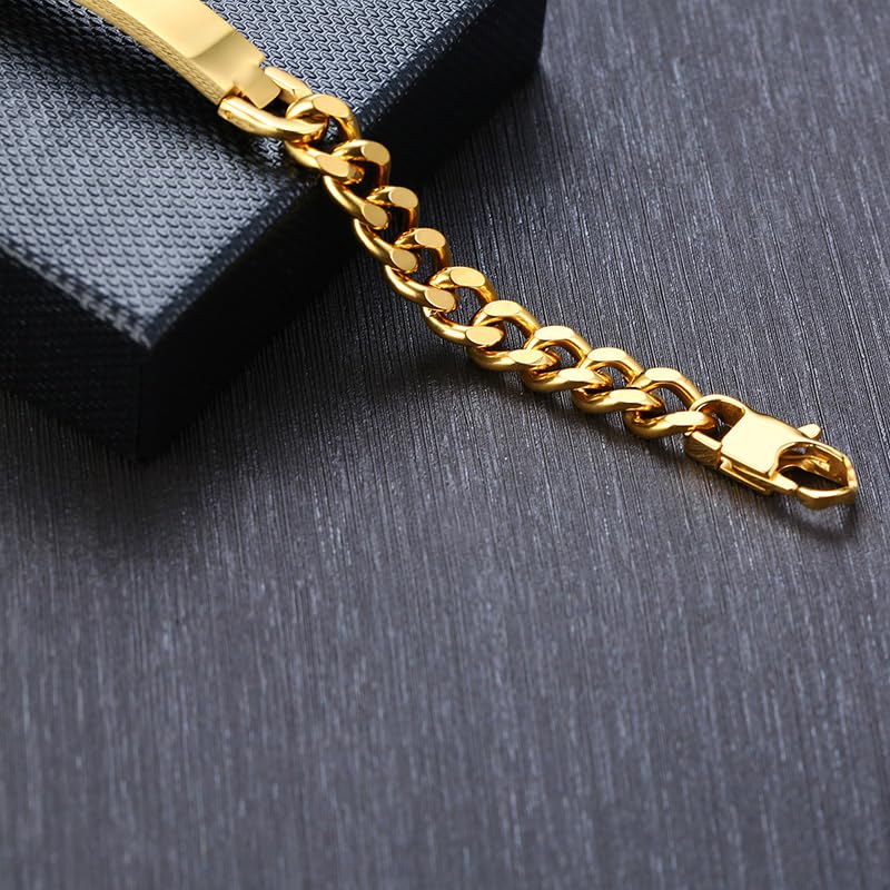 Rockyu ブレスレット メンズ レディース プレート チェーン ステンレス製 IPゴールド仕上げ