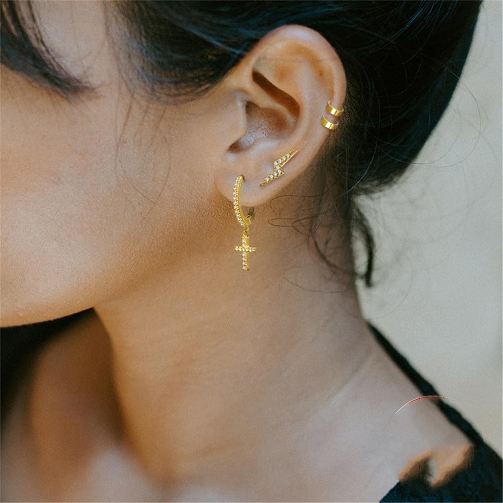 Rockyu レディースピアス シルバー925 クロスデザイン ジルコニア フープリング 金属アレルギー対応