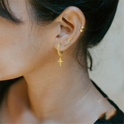 Rockyu レディースピアス シルバー925 クロスデザイン ジルコニア フープリング 金属アレルギー対応