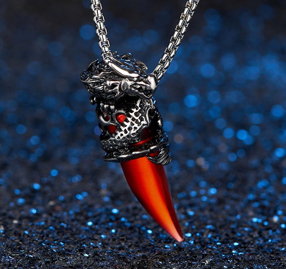 Rockyu メンズネックレス ドラゴンペンダント 牙モチーフ ステンレス製 金属アレルギー対応