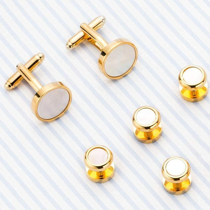 Rockyu メンズ カフスボタン セット 白蝶貝 ステンレス ゴールド シルバー スタッド 結婚式 ビジネス