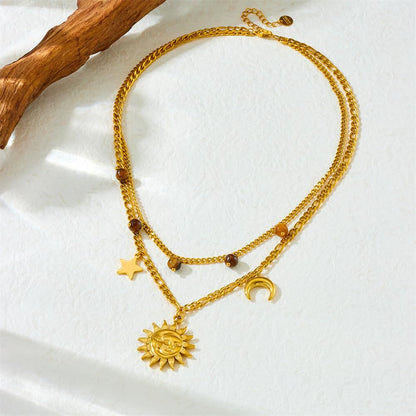 Rockyu 太陽と月の2連ネックレス ゴールド ステンレス 星チャーム付き
