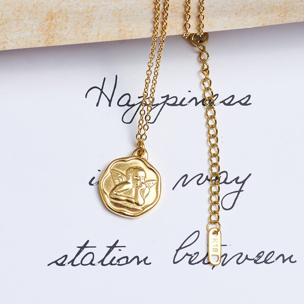 Rockyu ネックレス レディース シルバー 天使 コインペンダント あずきチェーン チタン 金属アレルギー対応