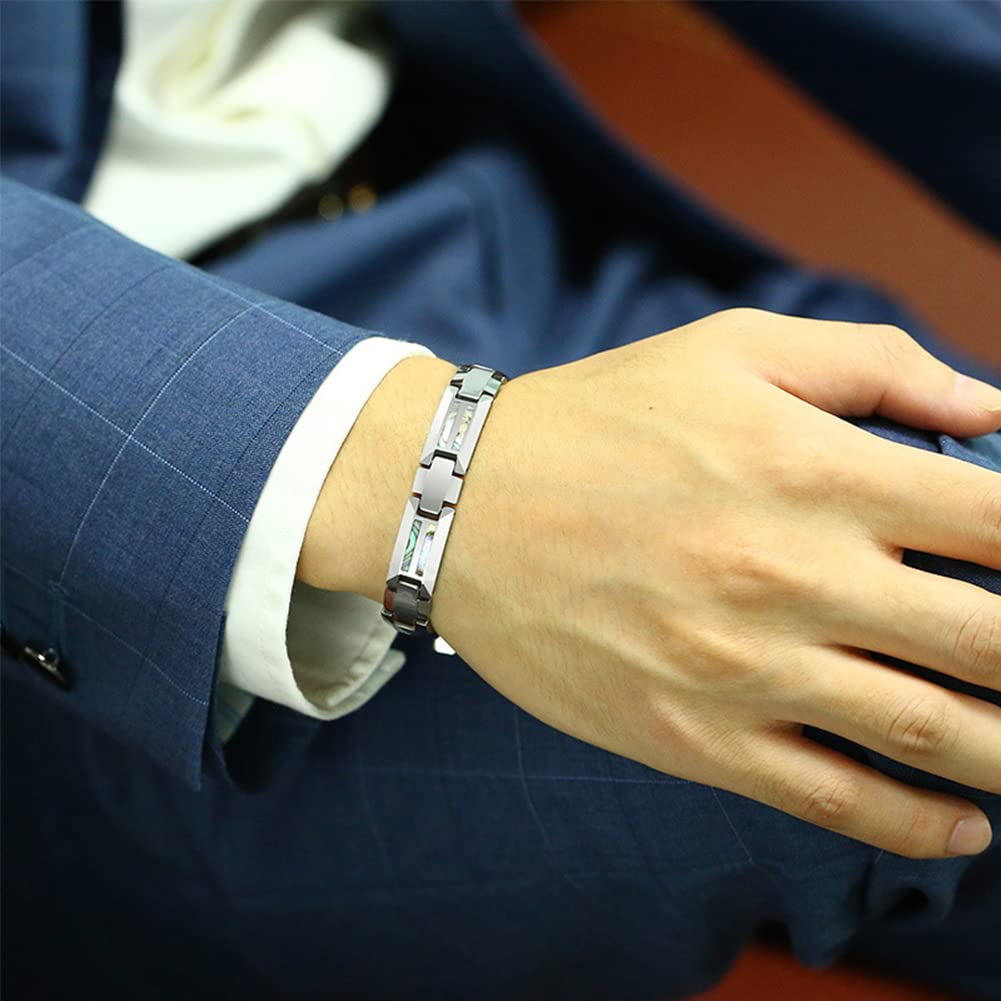 Rockyu タングステン磁気ブレスレット メンズ シルバー・ブルー シェルインレイ 静電気対策 4種天然エレメント搭載
