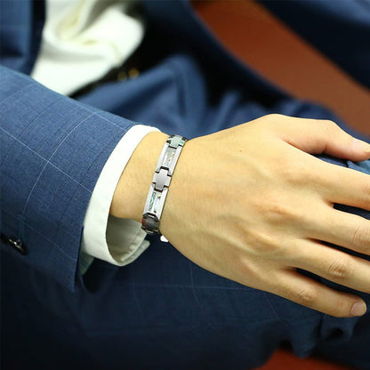 Rockyu タングステン磁気ブレスレット メンズ シルバー・ブルー シェルインレイ 静電気対策 4種天然エレメント搭載