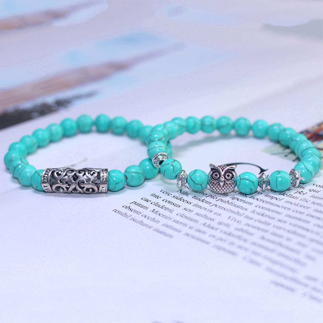 Rockyu ブレスレット ターコイズ 数珠 菩薩デザイン 天然石 2本セット
