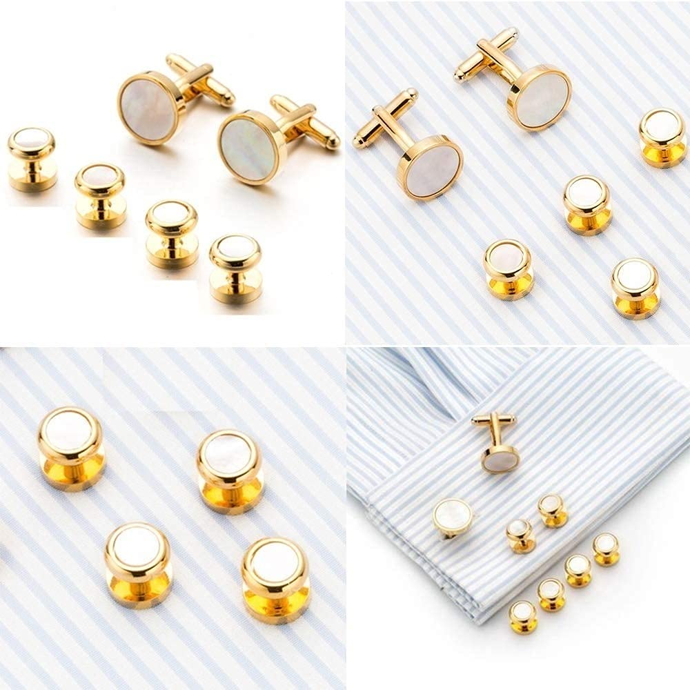 Rockyu メンズ カフスボタン セット 白蝶貝 ステンレス ゴールド シルバー スタッド 結婚式 ビジネス
