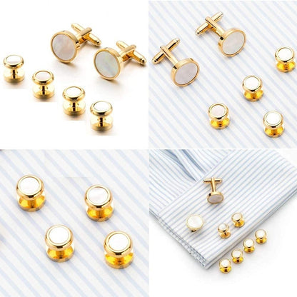 Rockyu メンズ カフスボタン セット 白蝶貝 ステンレス ゴールド シルバー スタッド 結婚式 ビジネス