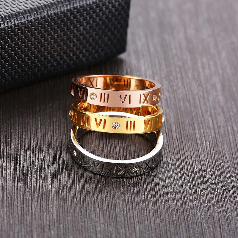 Rockyu ローマ数字リング レディース ステンレス製 3.5mm幅 ピンクゴールド・シルバー