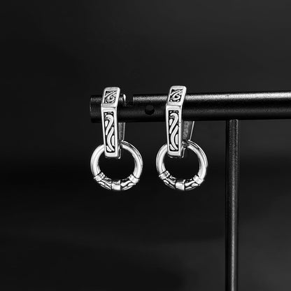 Rockyu ピアス メンズ ステンレス 六角形デザイン 彫刻入り 二重リング シルバー アレルギー対応