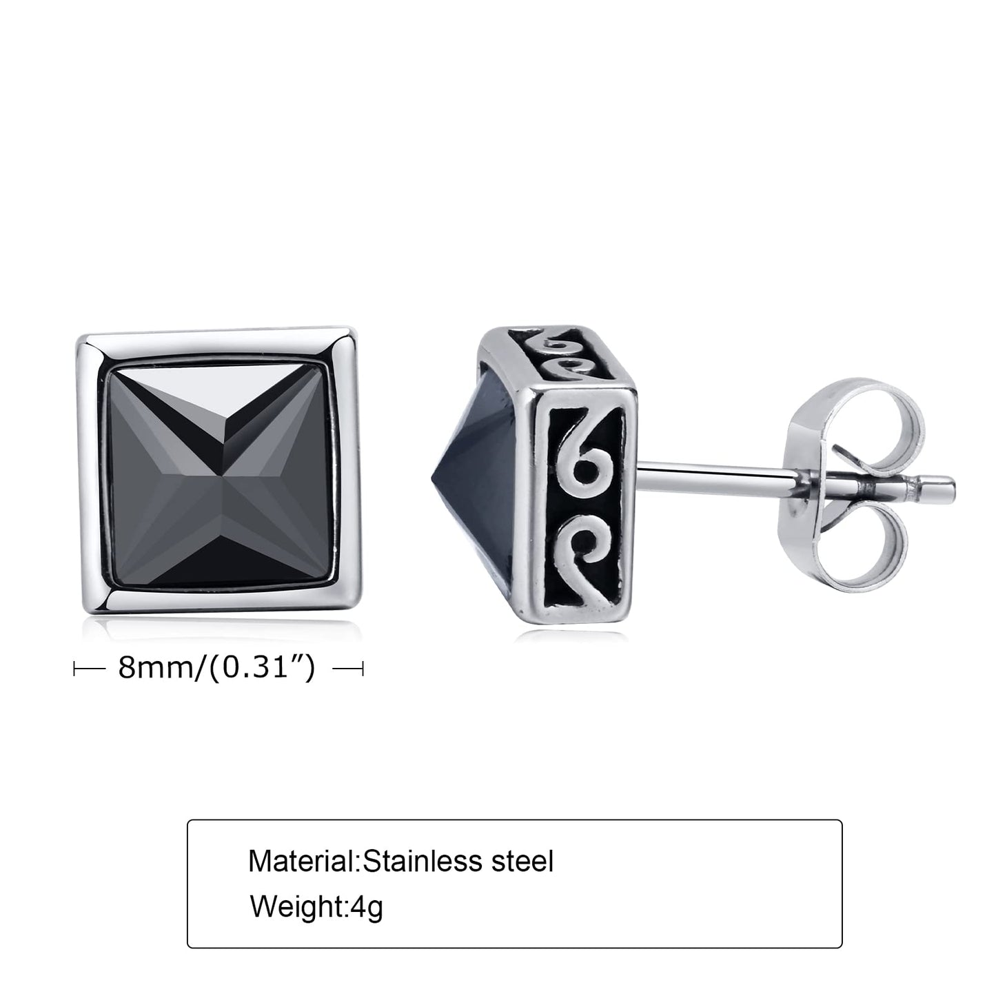 Rockyu ピアス メンズ シルバー スタッドピアス ステンレス鋼 四角形 金属アレルギー対応 彫刻模様 クール アクセサリー