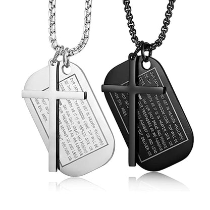 Rockyu メンズネックレス クロス十字架＆聖書モチーフ ドッグタグペンダント ステンレス製 ゴールド ブラック シルバー お守り アクセサリー