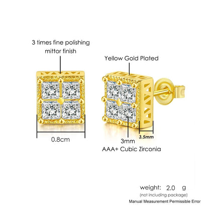 Rockyu ピアス メンズ ゴールド シルバー 両耳 小さめ ボール 正方形 スクエア 3mm ジルコニアピアス 銅製 セカンドピアス つけっぱなし 金属アレルギー対応 男女兼用 かっこいい 誕生日 記念日 プレゼントアクセサリー