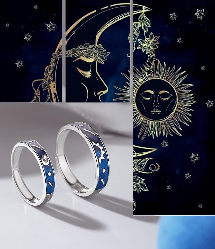 Rockyu ペアリング カップルリング 925シルバー 日月デザイン 宇宙 星月モチーフ エナメル加工 記念日 調整可能