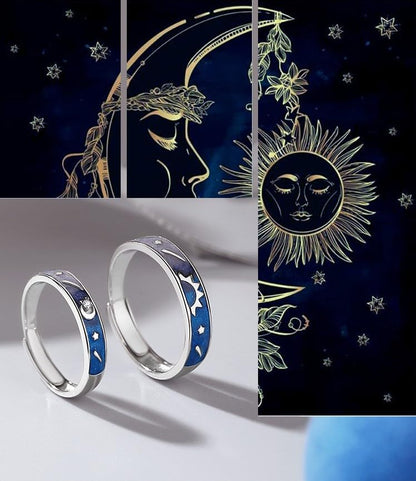 Rockyu ペアリング カップルリング 925シルバー 日月デザイン 宇宙 星月モチーフ エナメル加工 記念日 調整可能