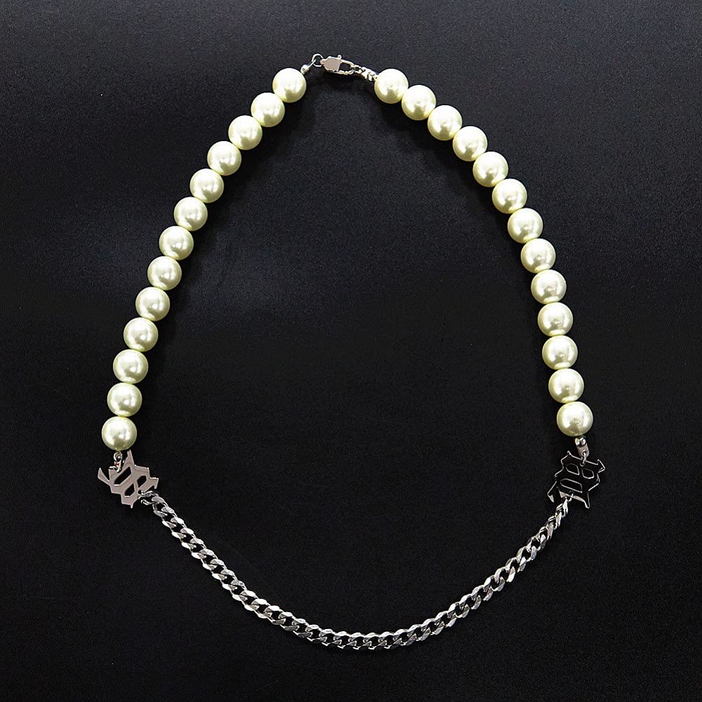 Rockyu ネックレス レディース パール 喜平チェーン アルファベット付き 真珠調 ホワイト チタン 金属アレルギー対応 ヒップホップ パーティー ギフト