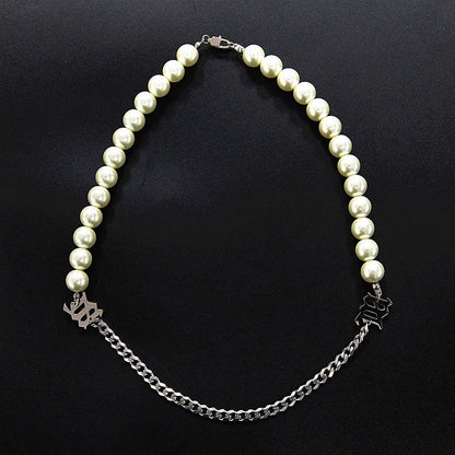 Rockyu ネックレス レディース パール 喜平チェーン アルファベット付き 真珠調 ホワイト チタン 金属アレルギー対応 ヒップホップ パーティー ギフト