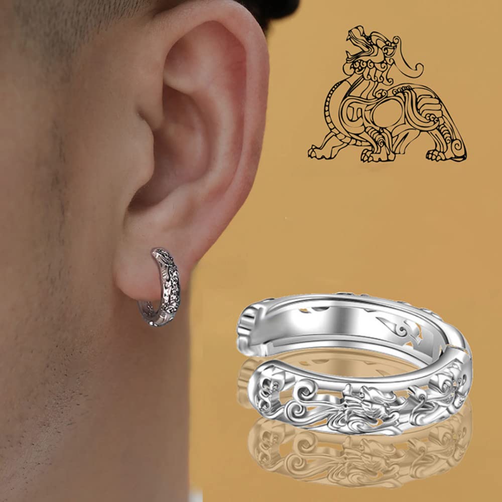 Rockyu メンズ フェイクピアス 貔貅モチーフ シルバー 透かし彫り ステンレス製 ノンホールタイプ