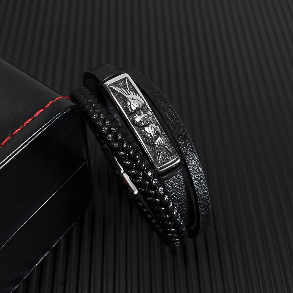 Rockyu メンズ ブレスレット スカル レザー ブラック 3連デザイン 翼モチーフ おしゃれ アクセサリー