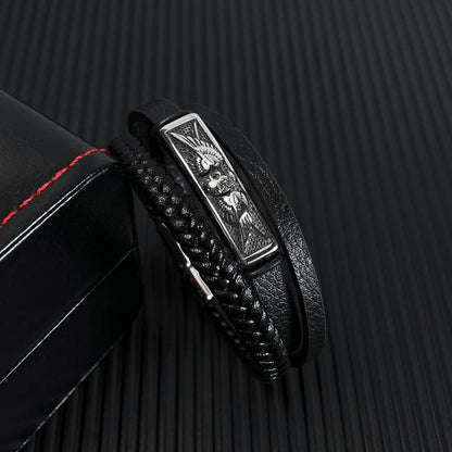 Rockyu メンズ ブレスレット スカル レザー ブラック 3連デザイン 翼モチーフ おしゃれ アクセサリー