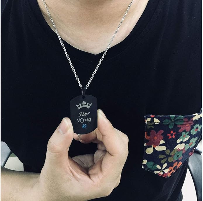 Rockyu チタンプレートペアネックレス ブルージルコニア付 金属アレルギー対応 カップルお揃い記念日ギフト