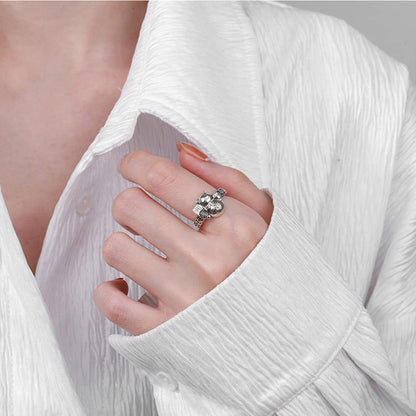 Rockyu 招き猫リング レディース フリーサイズ シルバー 銅銭モチーフ 文字刻印 調節可能